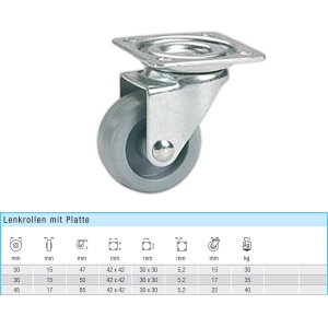 Möbel Lenkrolle 45 x 17 mm grau Platte 42 x 42 mm 40kg Drehkranz Gleitlager