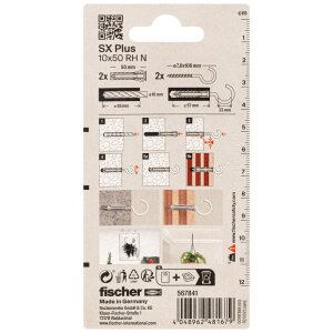 fischer Dübel mit vierfach Spreizung SX 10x50 mm mit Rundhaken weiß (2 Stück)