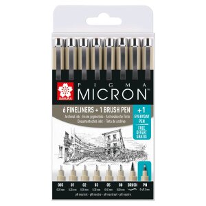 Sakura Pigma Micron Promotion-Set 7 Fineliner Schwarz + 1...