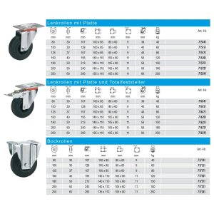 Lenk-/Bockrollen Vollgummi Kunststofffelge 80-250 mm 250...