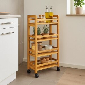 Schmaler Nischen-Rollwagen Bambus MDF mobil & platzsparend