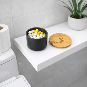 Keramik Tampon Aufbewahrungsdose mit Bambusdeckel hygienisch und stilvoll im Bad